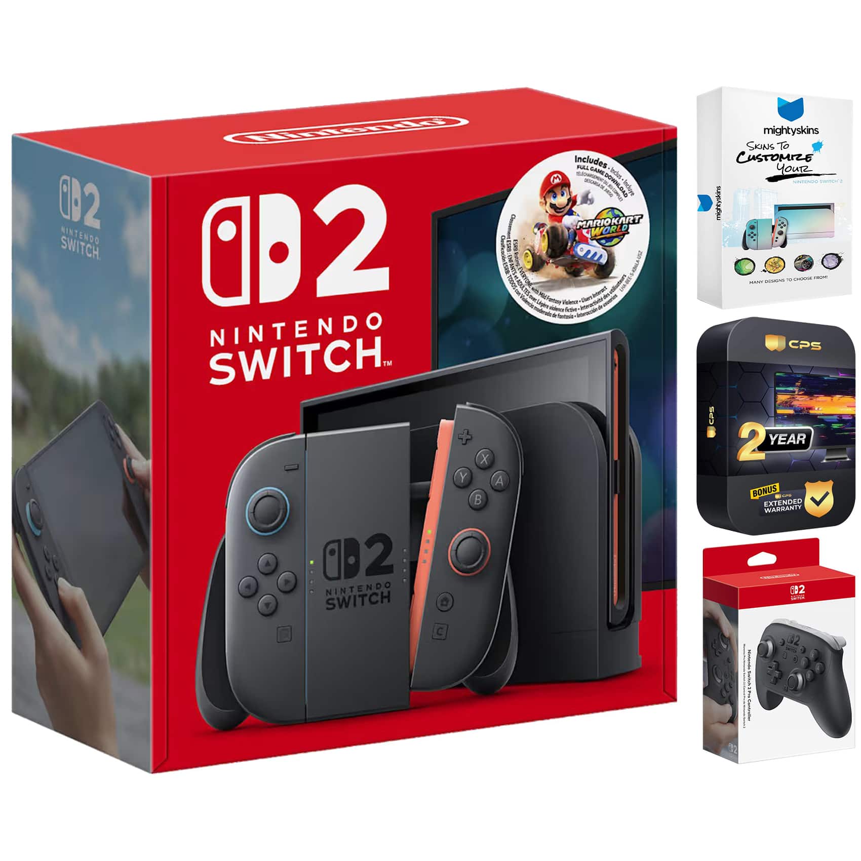 Switch 2 Mario Kart World Bundle with Pro Controller, MightySkins Code and 2 CPS Year Extended Warranty - Nintendo Switch 2