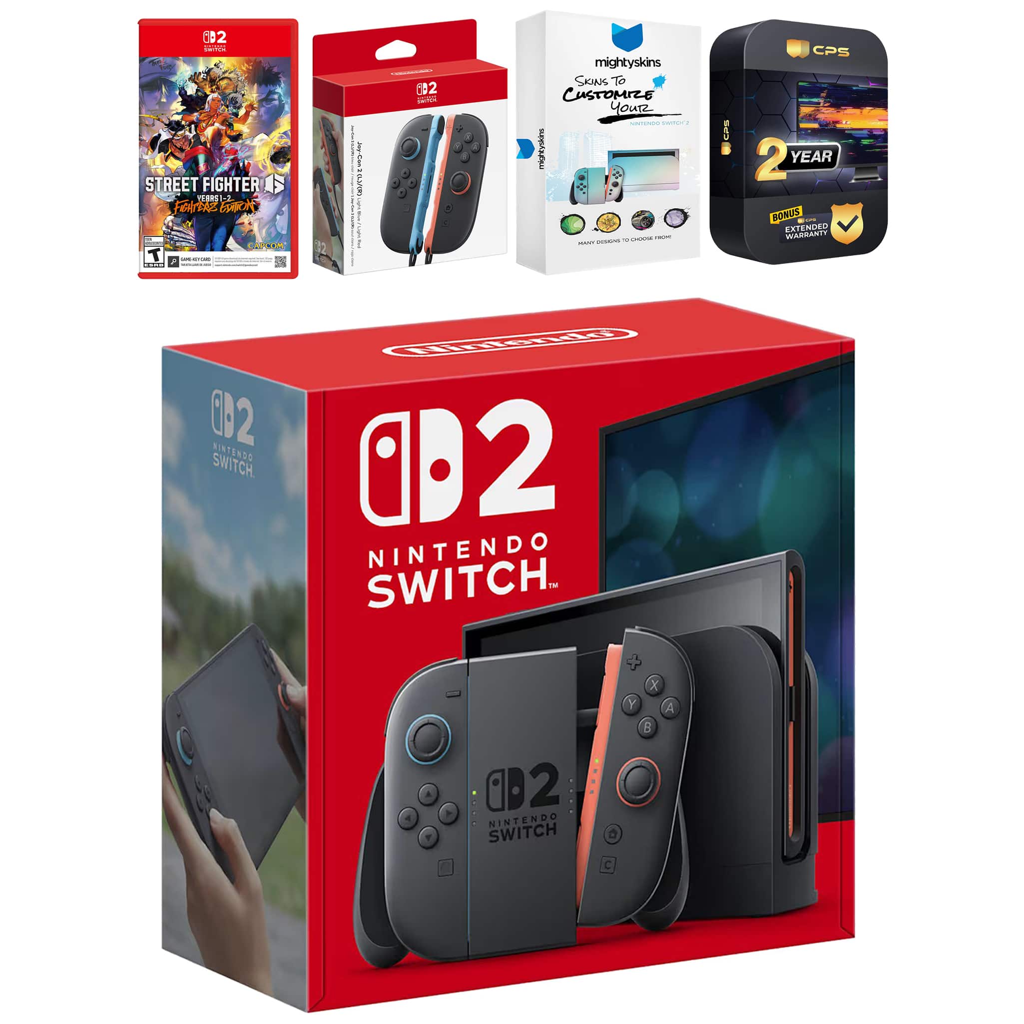 Switch 2 Console with Street Fighter 6, Extra Joy-Cons, MightySkins Code and 2 CPS Year Extended Warranty - Nintendo Switch 2