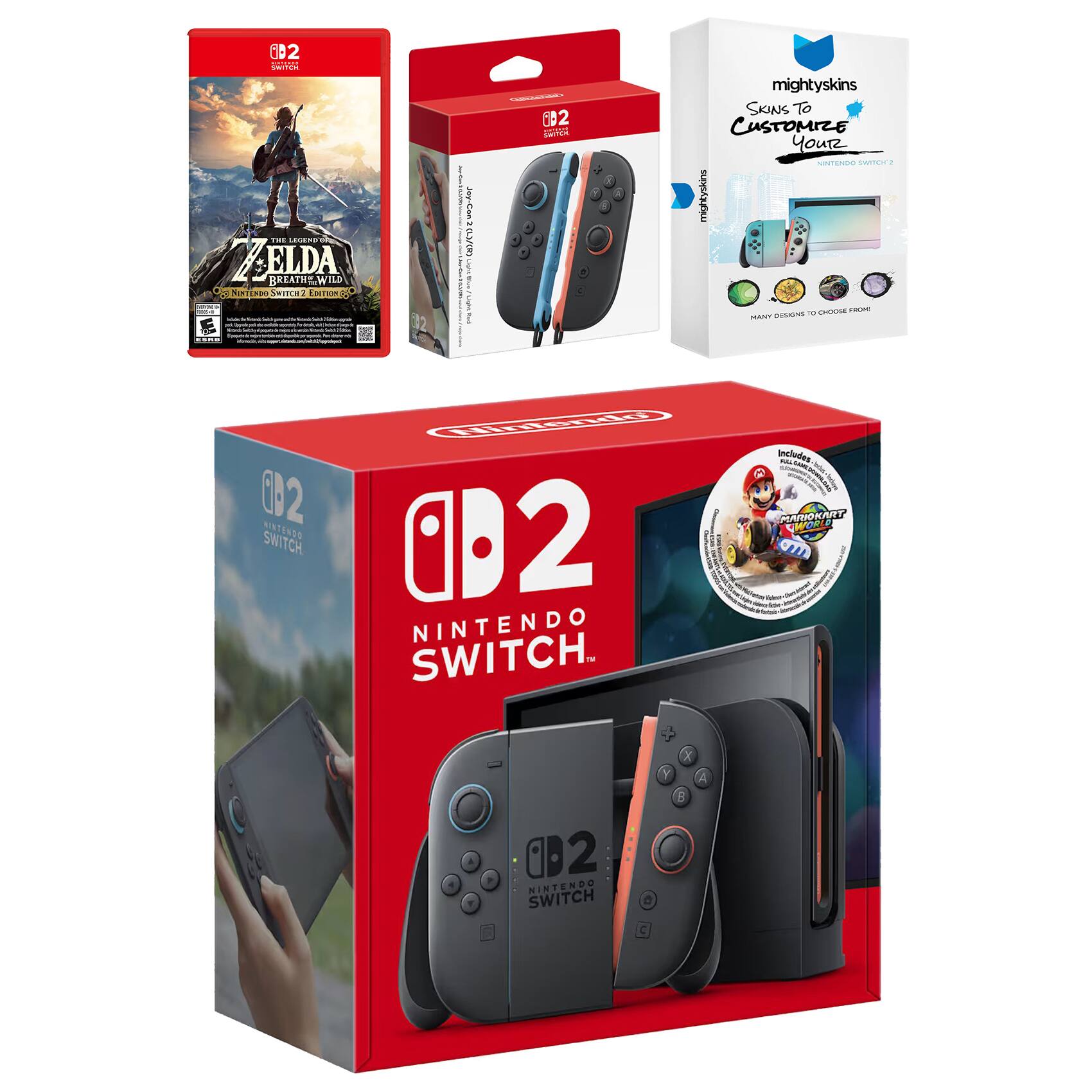 Switch 2 + Mario Kart World Bundle with Zelda Breath of the Wild, Extra Joy-Cons and MightySkins Code Bundle - Nintendo Switch 2
